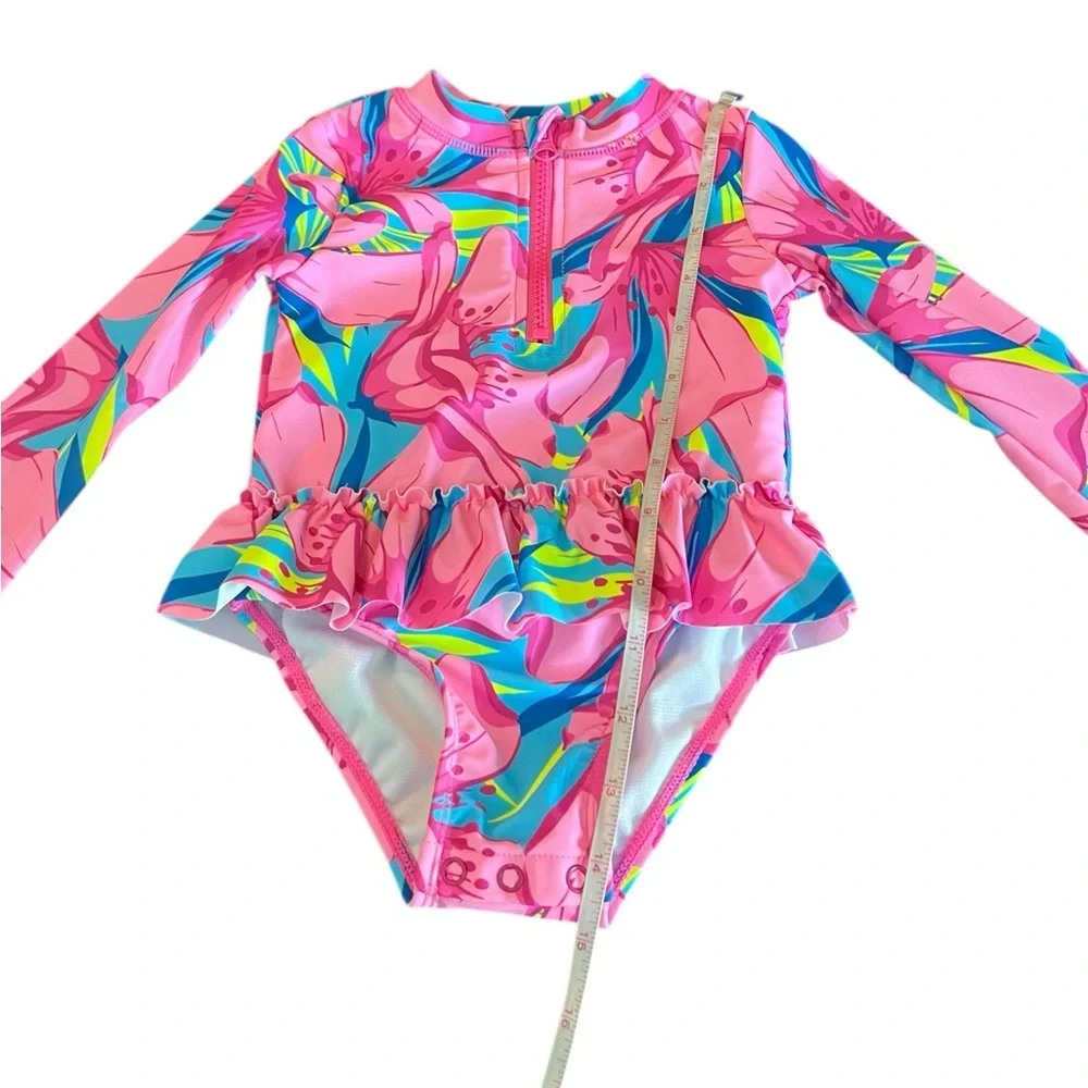 Tommy Bahama Pink Bow Pattern Long-Sleeve Ruffle One-Piece Rashguard